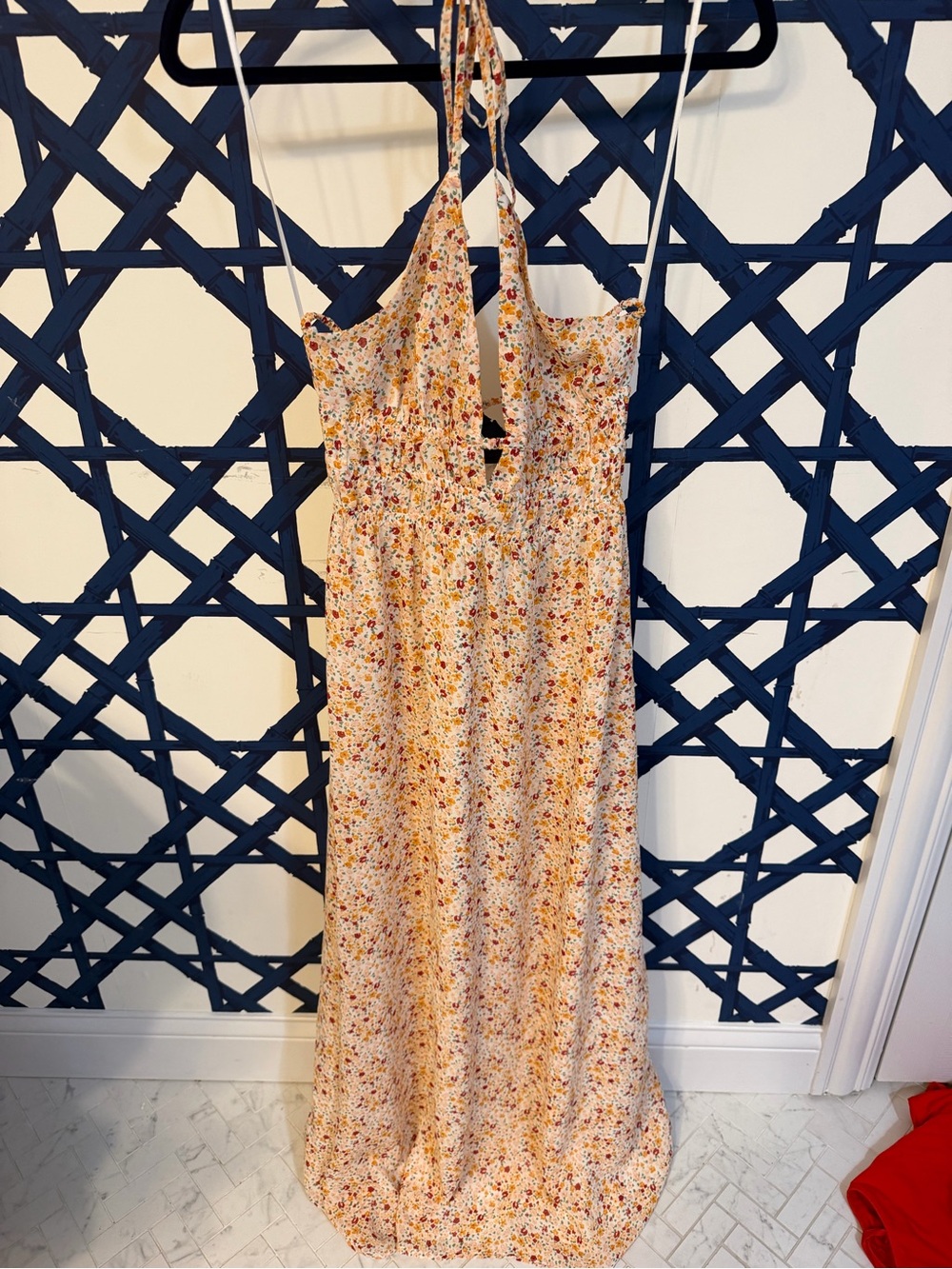 Bershka Floral Halter Maxi Dress in Cream with Yellow and Orange Accents